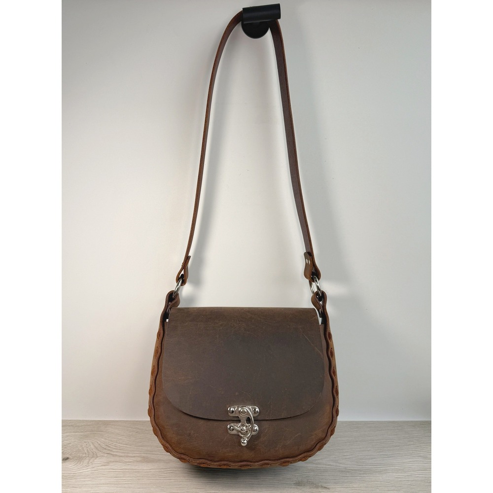 Brown Distressed Leather Saddle Bag Whipstitch Flap Hook Clasp Crossbody Bag
